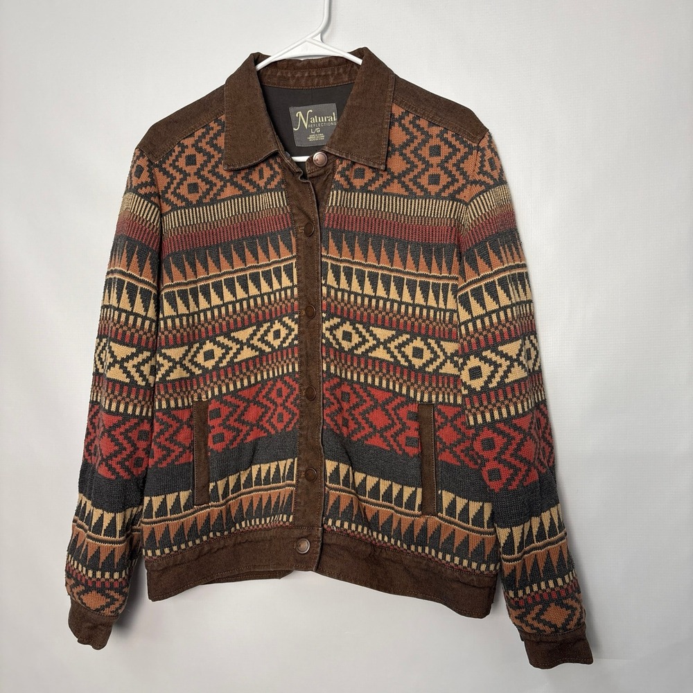 Natural Reflections Womens Large Southwestern Aztec Button Front Jacket Brown L